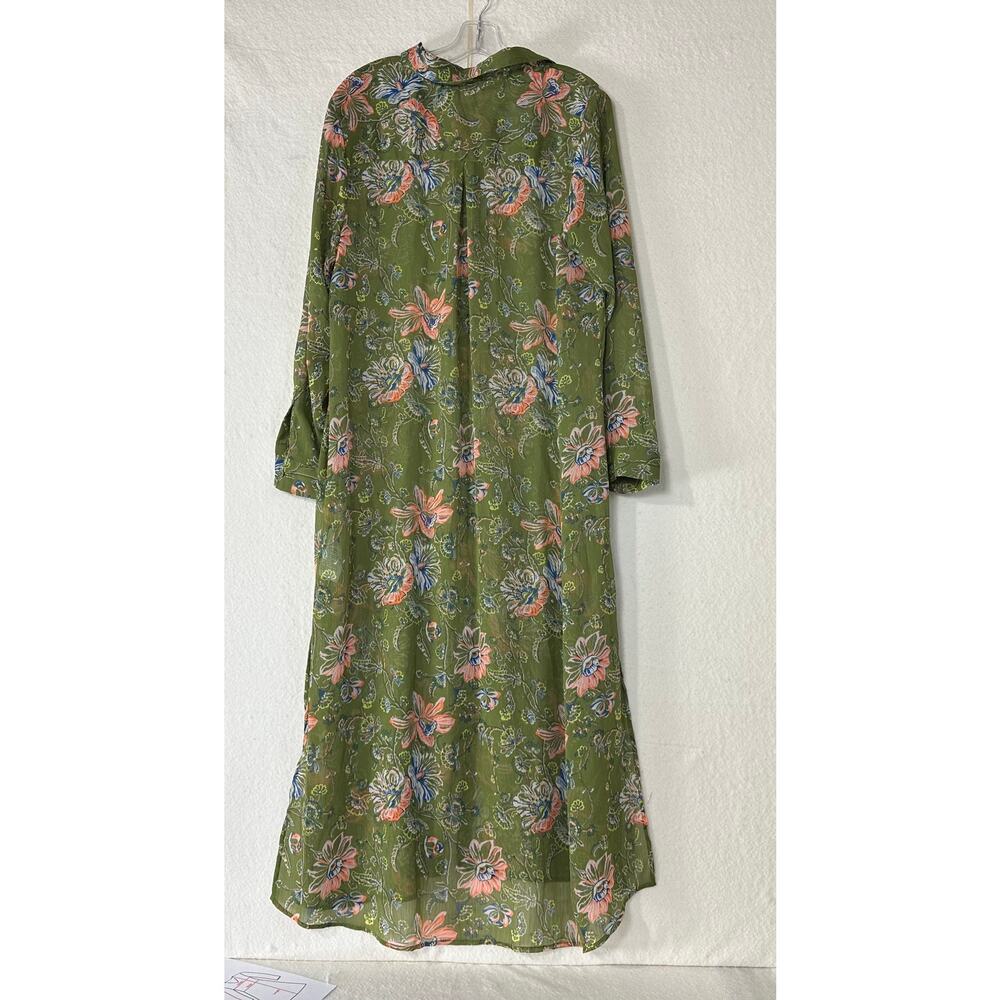 C Wonder Green Sheer Floral Print Button Front Duster Cottagecore Beachy  SZ 6